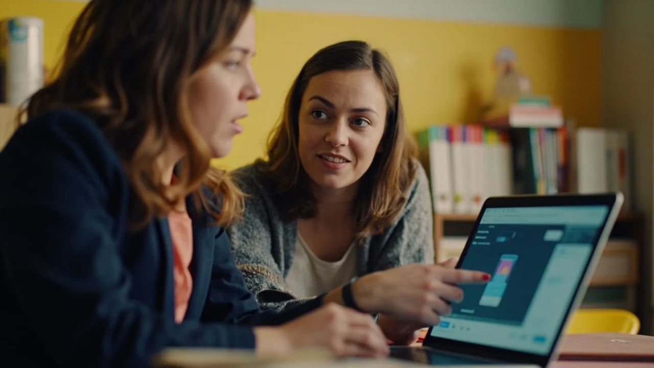 A teacher and colleague reviewing an AI tool together on a laptop — AI safety for New Zealand educators.