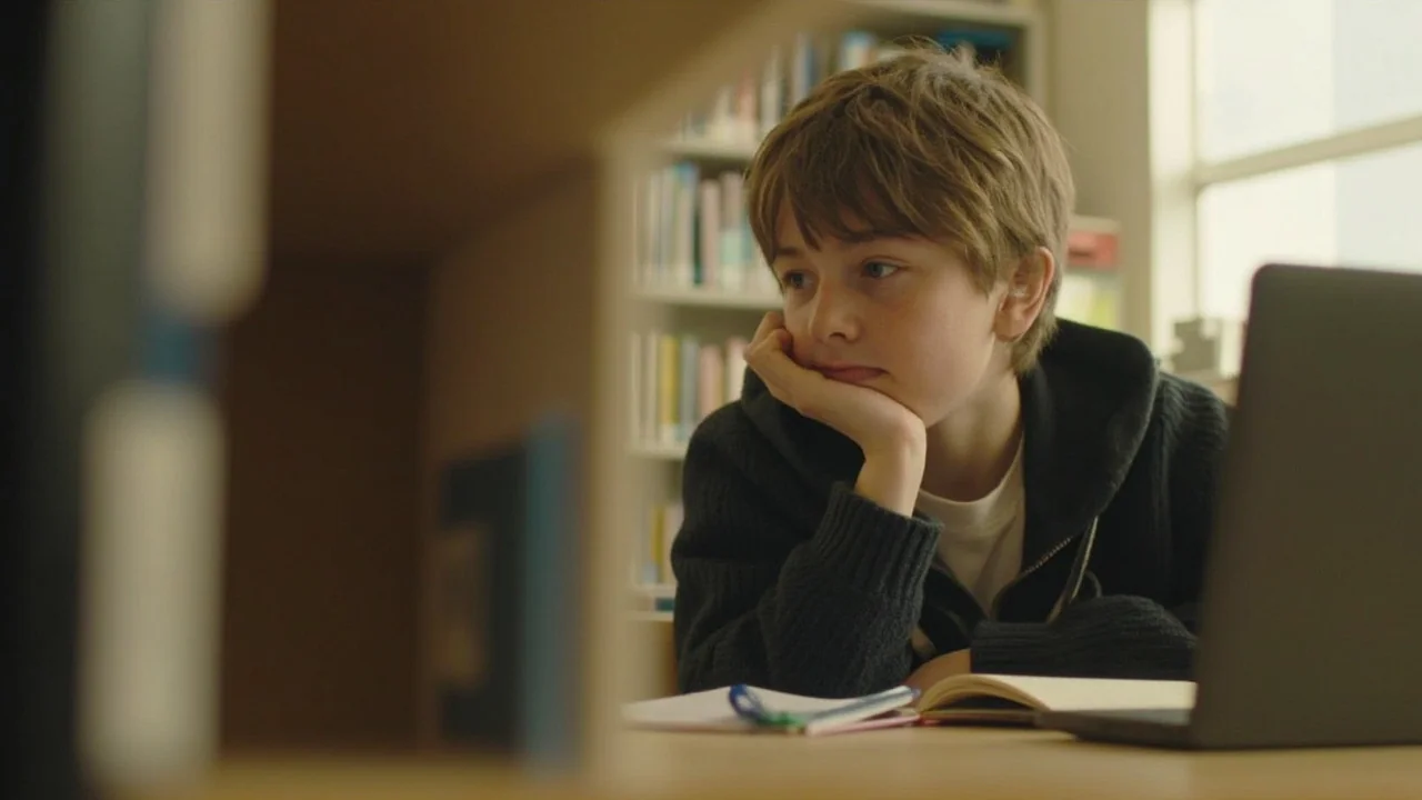 A student at a school desk thinking through an AI task on a laptop — AI safety for students in New Zealand.