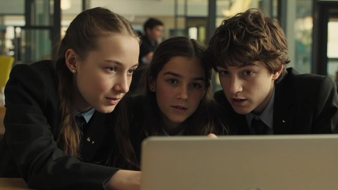 Students in a school common area discussing something on a laptop — cyber security for students in New Zealand.