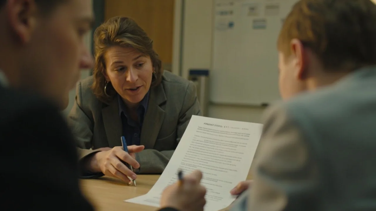 A school principal and IT lead reviewing a printed privacy contract — AI privacy questions for NZ schools.