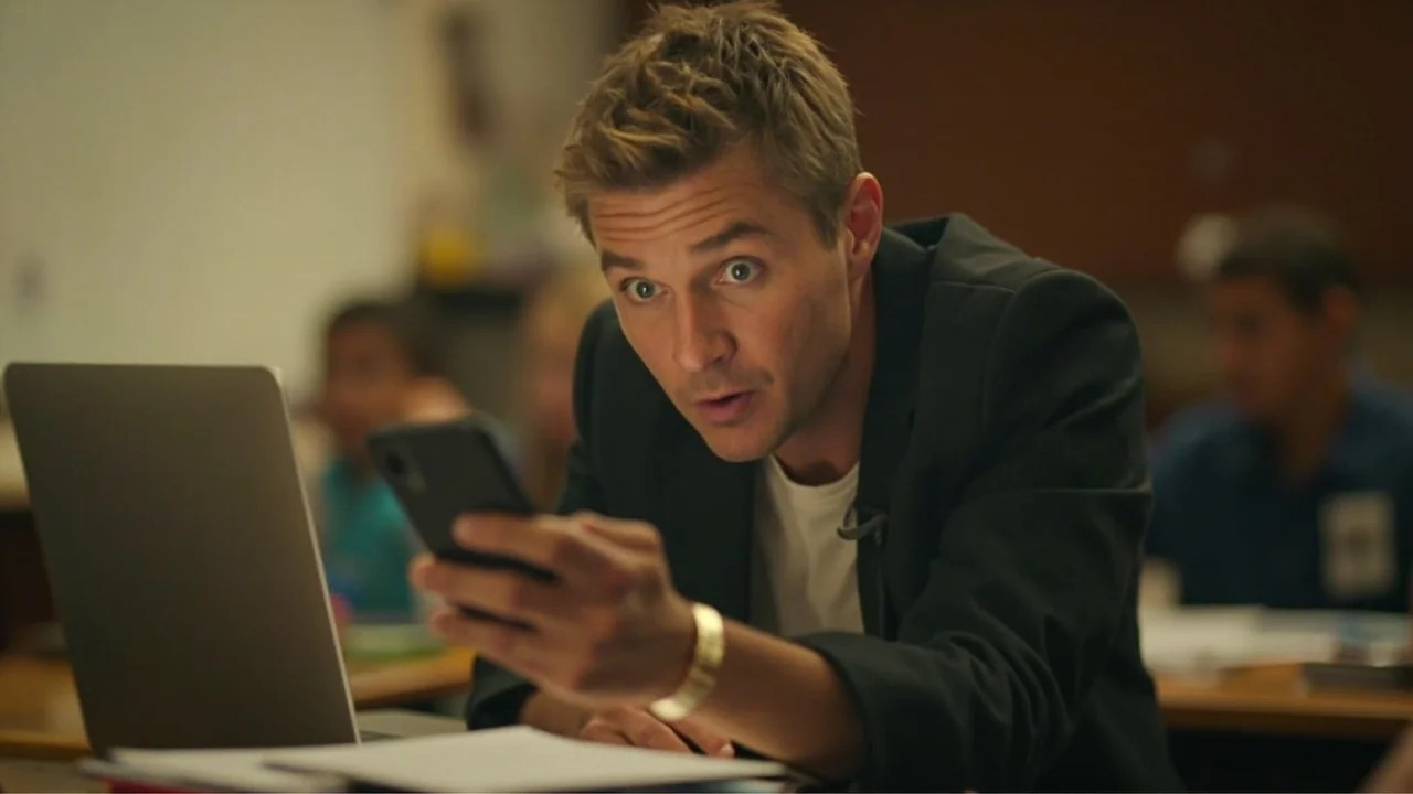 A teacher scrutinising a video call on a smartphone — deepfake and AI scams for NZ educators.