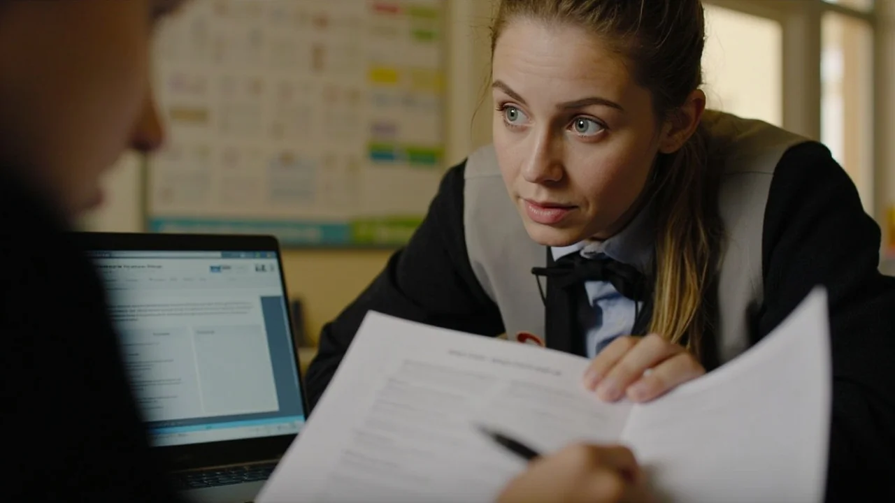 A school staff member annotating a printed cyber threat report — NZ cyber threat report for schools.