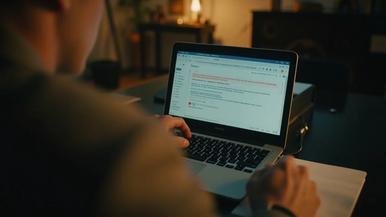 A person examining a suspicious email on a laptop with cursor over a fake sender — spotting phishing emails and scams.