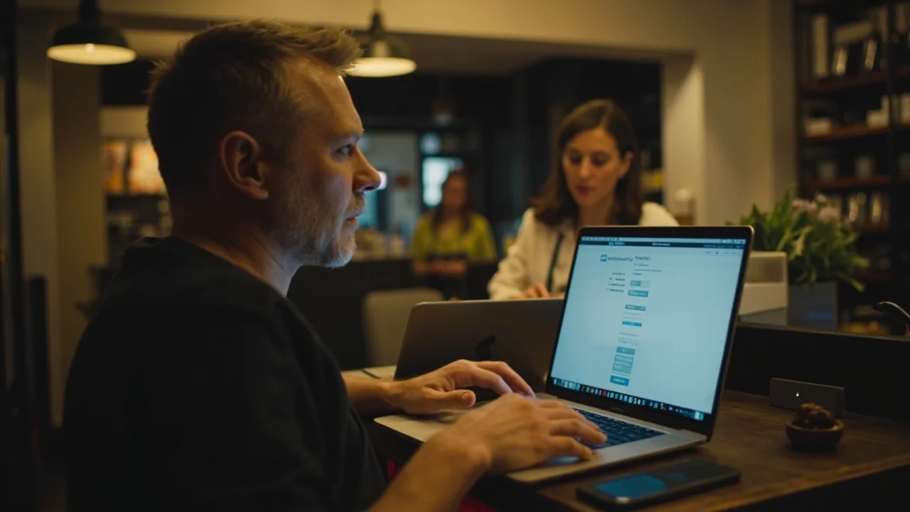 A small business owner reviewing a security alert on a laptop — NZ SMB cybersecurity guide for protection.