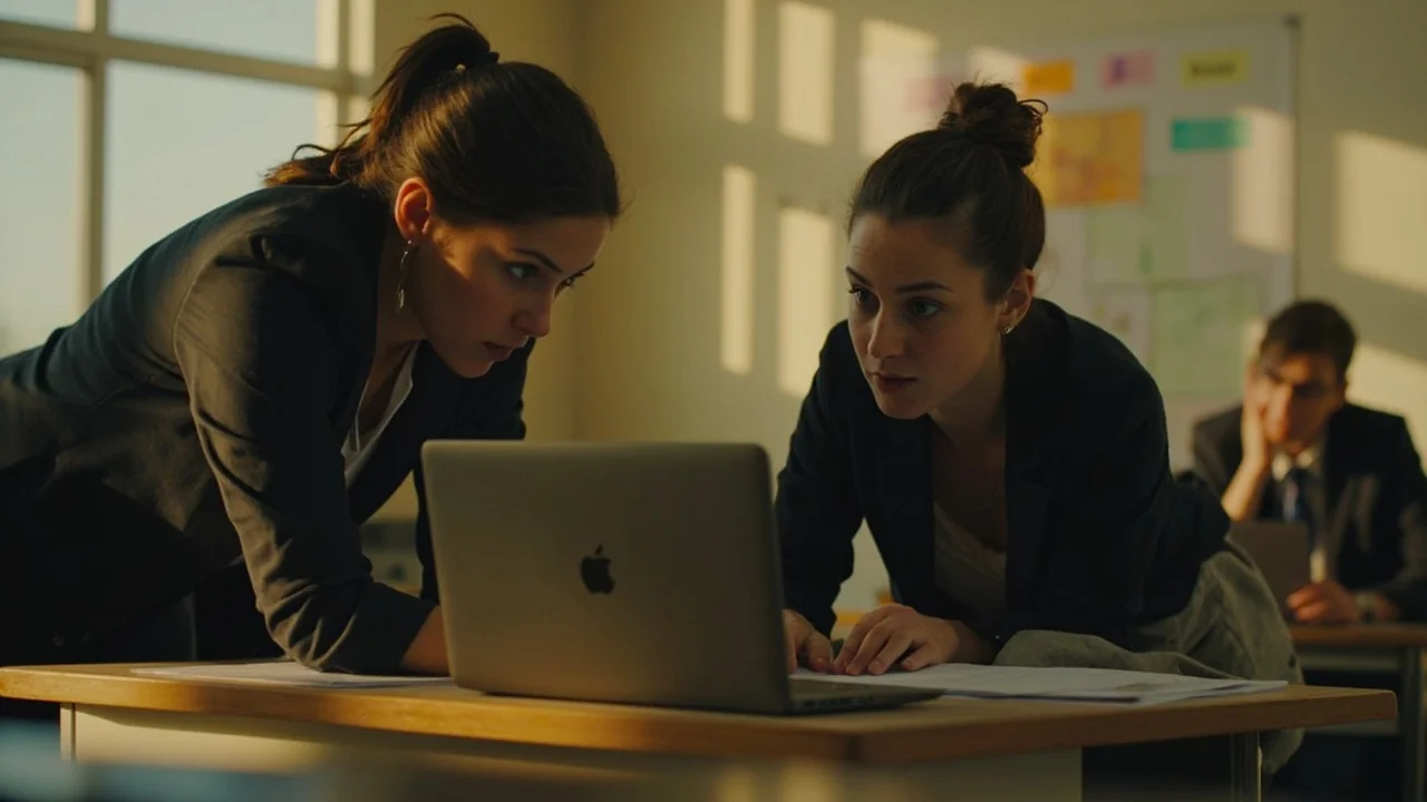 Two teachers leaning over a laptop discussing AI tool choices — using AI tools safely for school and teaching.