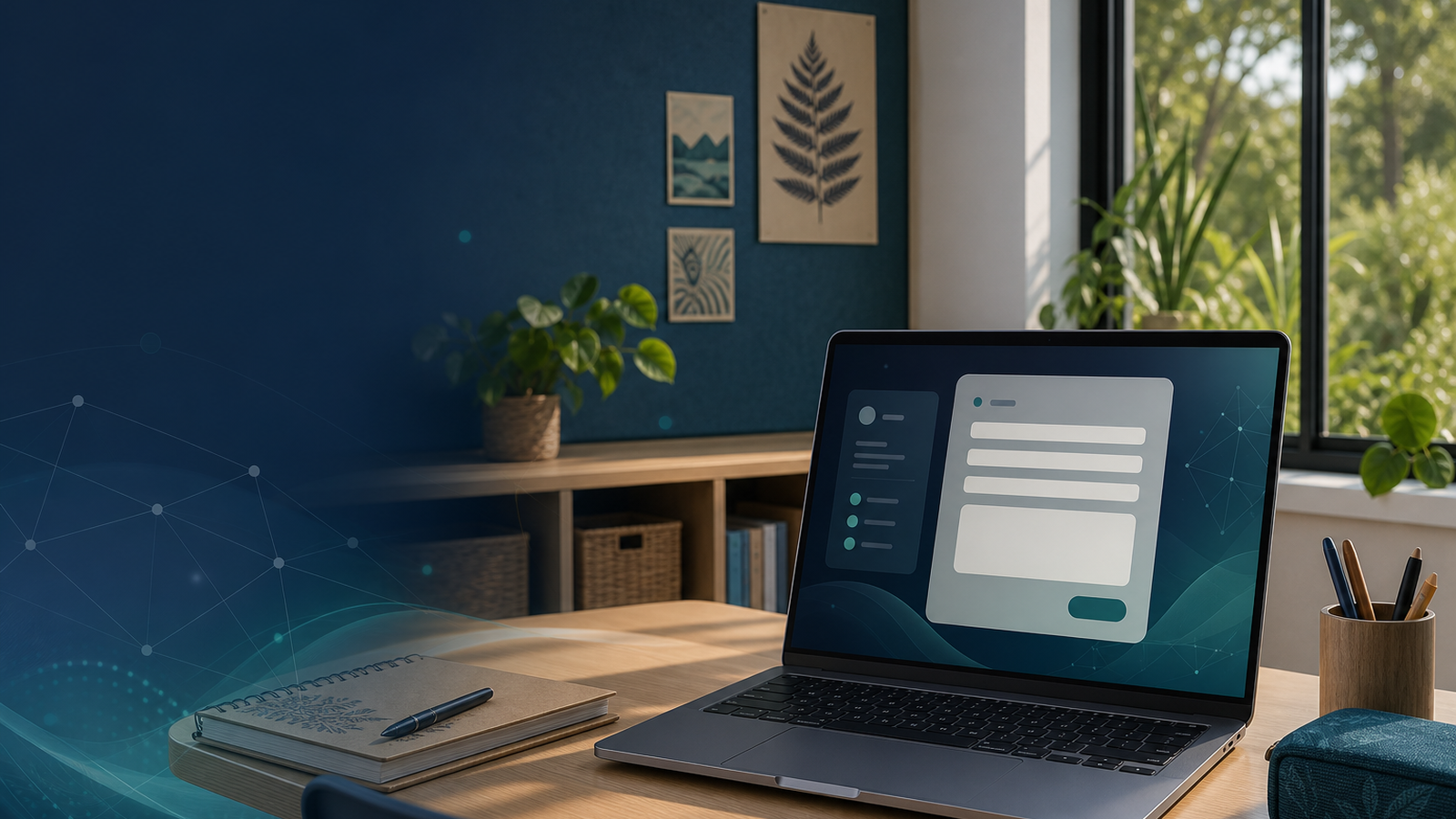 A calm learning-space desk with a laptop showing a secure contact form, notebook, plants, and subtle teal cyber-safety patterns