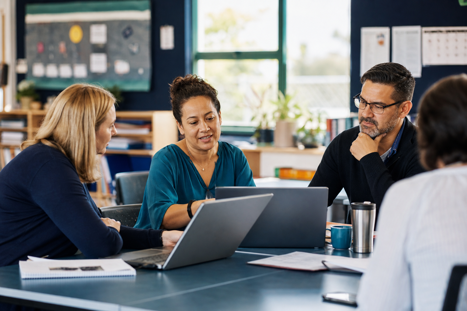New Zealand educators in a staffroom reviewing safer account and device practices on laptops