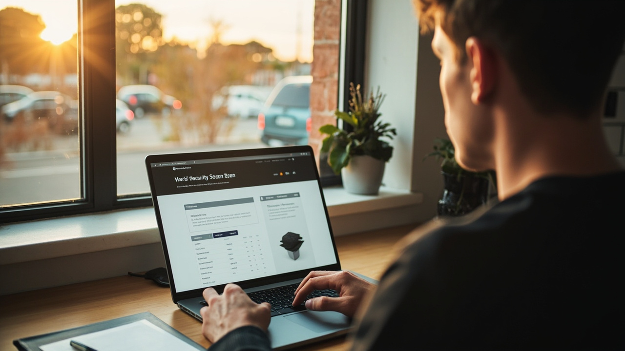 A New Zealand small business owner at a tidy desk reviewing a free website security scan results on a laptop, with an Auckland suburban street view at golden hour through the window