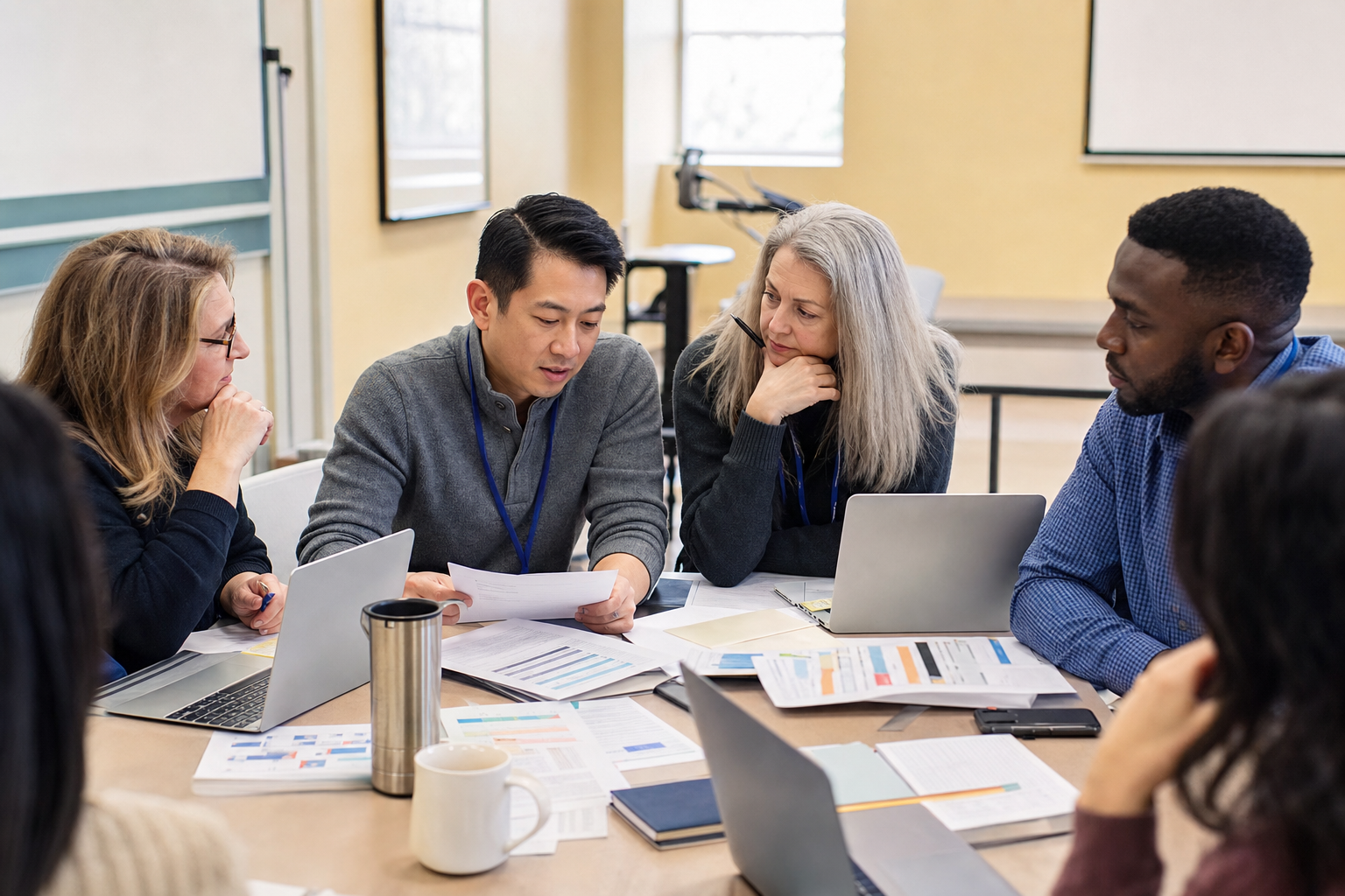 Teachers reviewing laptops and a privacy checklist before adopting an AI tool in a school setting