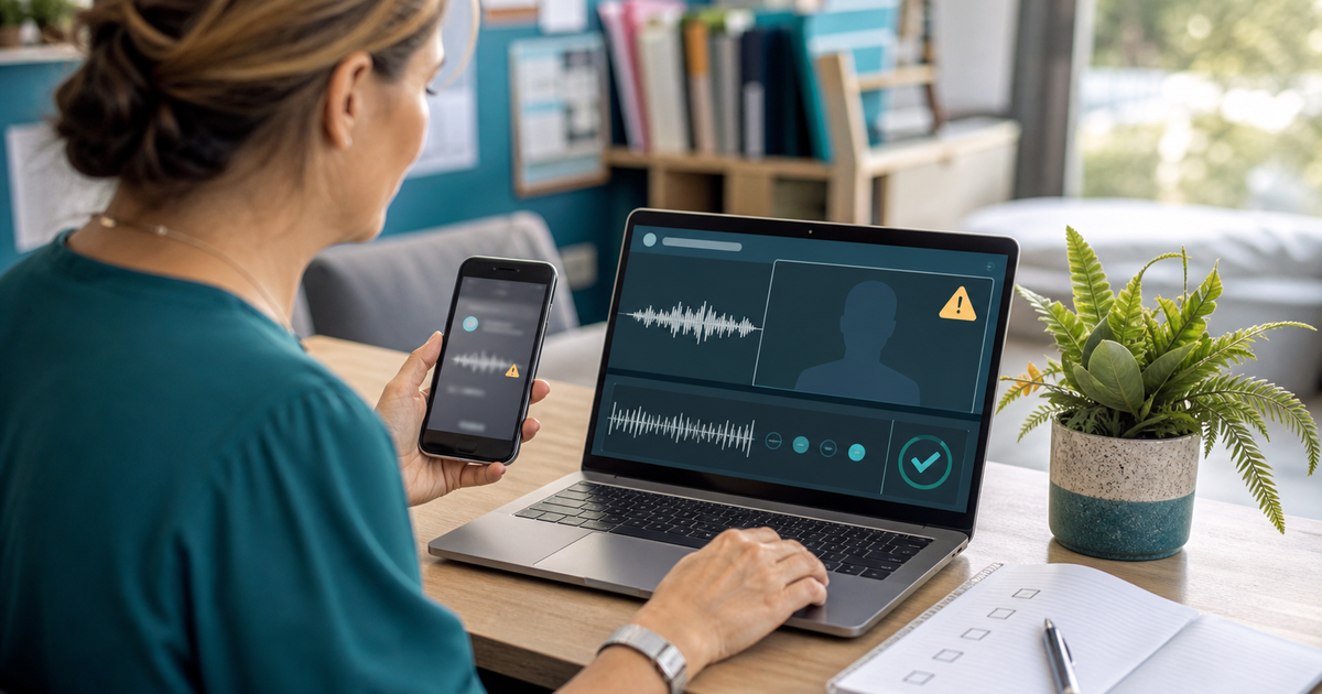 New Zealand educator reviewing a suspicious AI voice message and synthetic-media verification checklist on a laptop and phone