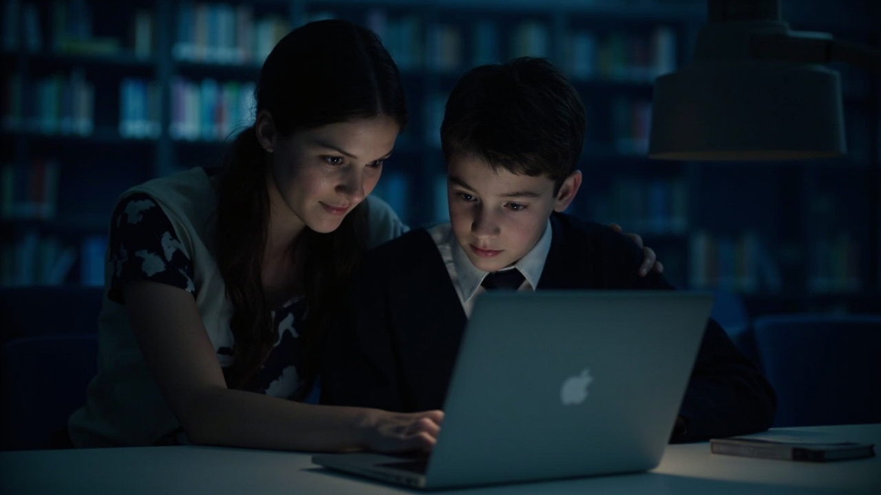 A student at a laptop looking at a suspicious message with a calm adult beside them — student clicks phishing link