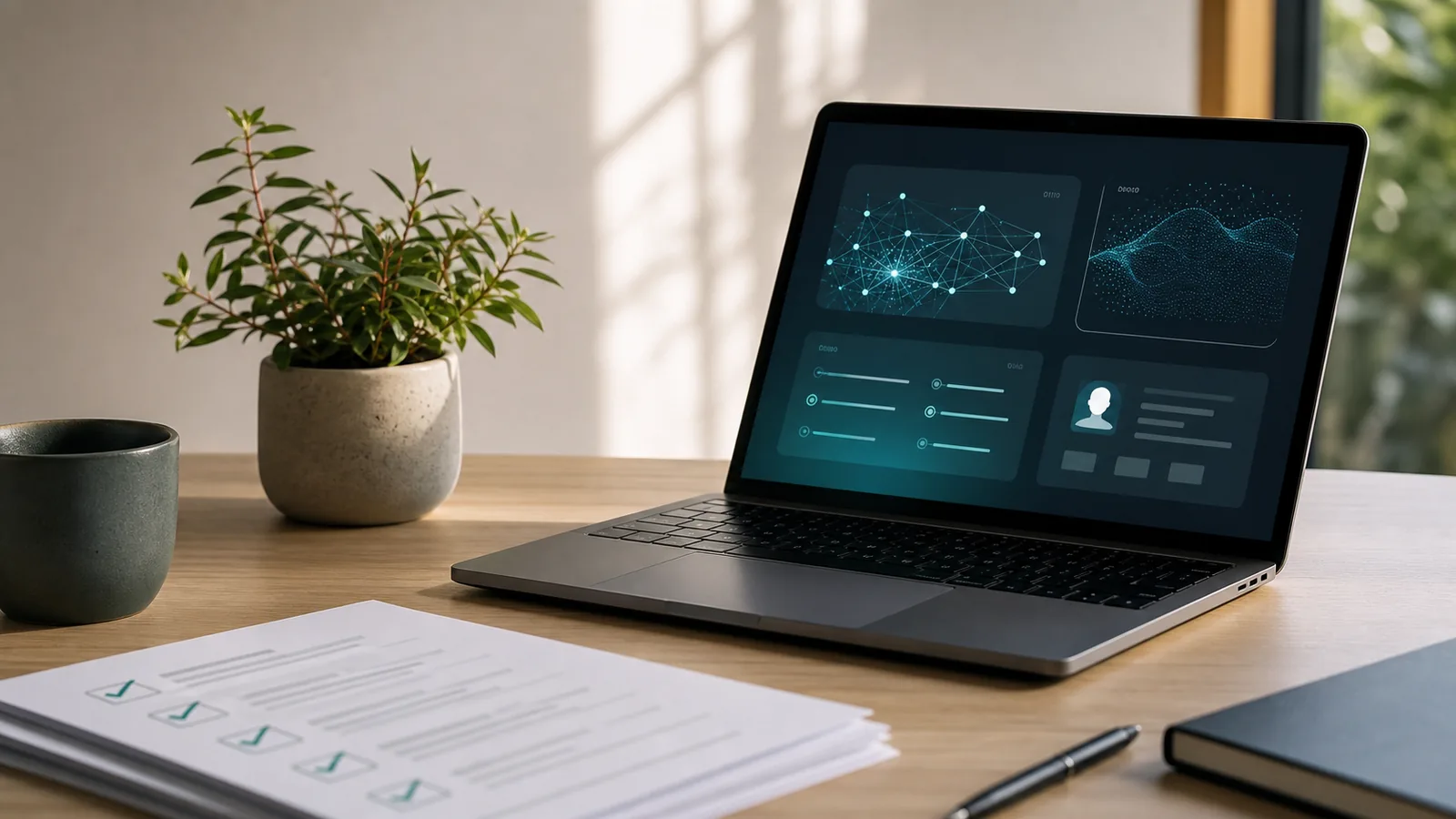 Laptop showing abstract AI and security checks beside a privacy checklist and New Zealand native plant