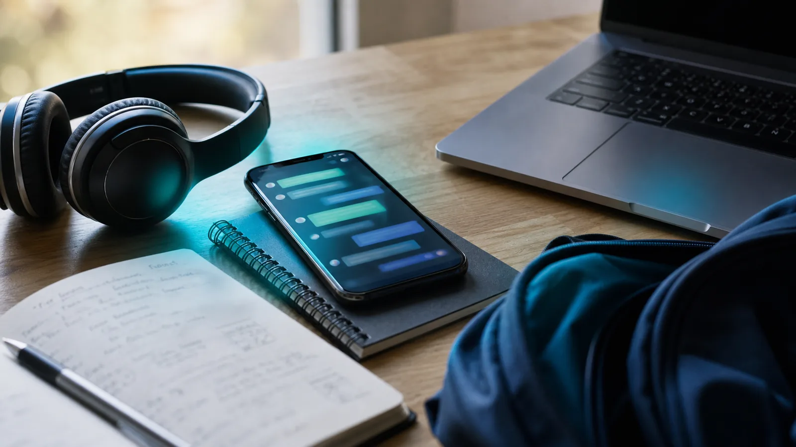 Student digital safety study desk with phone, headphones, laptop, notebook, and subtle security notification glow